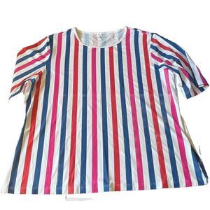 Lands’ End Womens Rash Guard PL Crew Neck Short Sleeve UPF 50 Striped Preppy